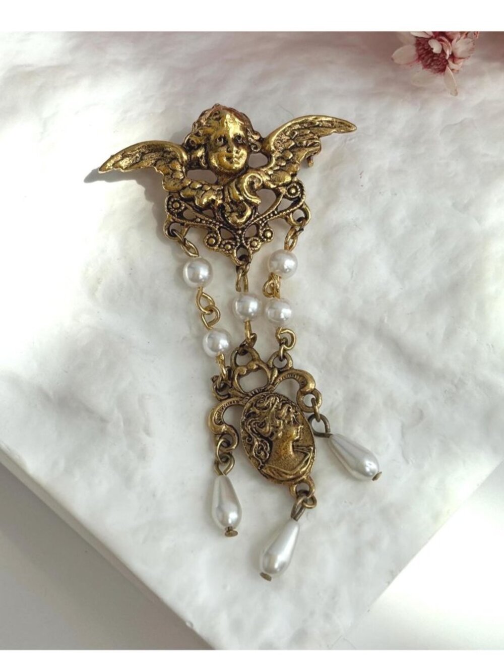 Winged Cherub Faux Pearl Dangling Gold Toned Vintage Handmade Brooch